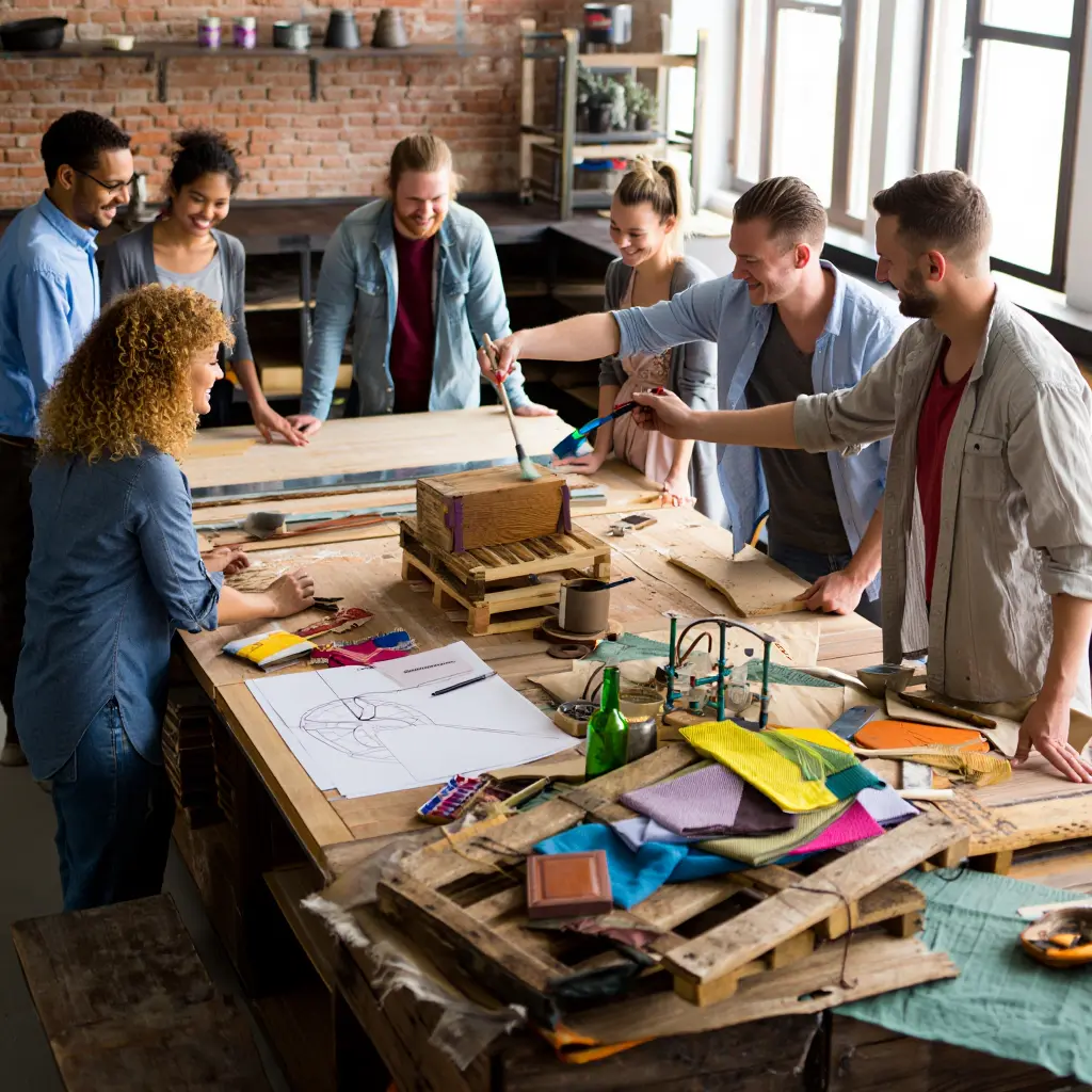 Team members collaborating on an upcycling project